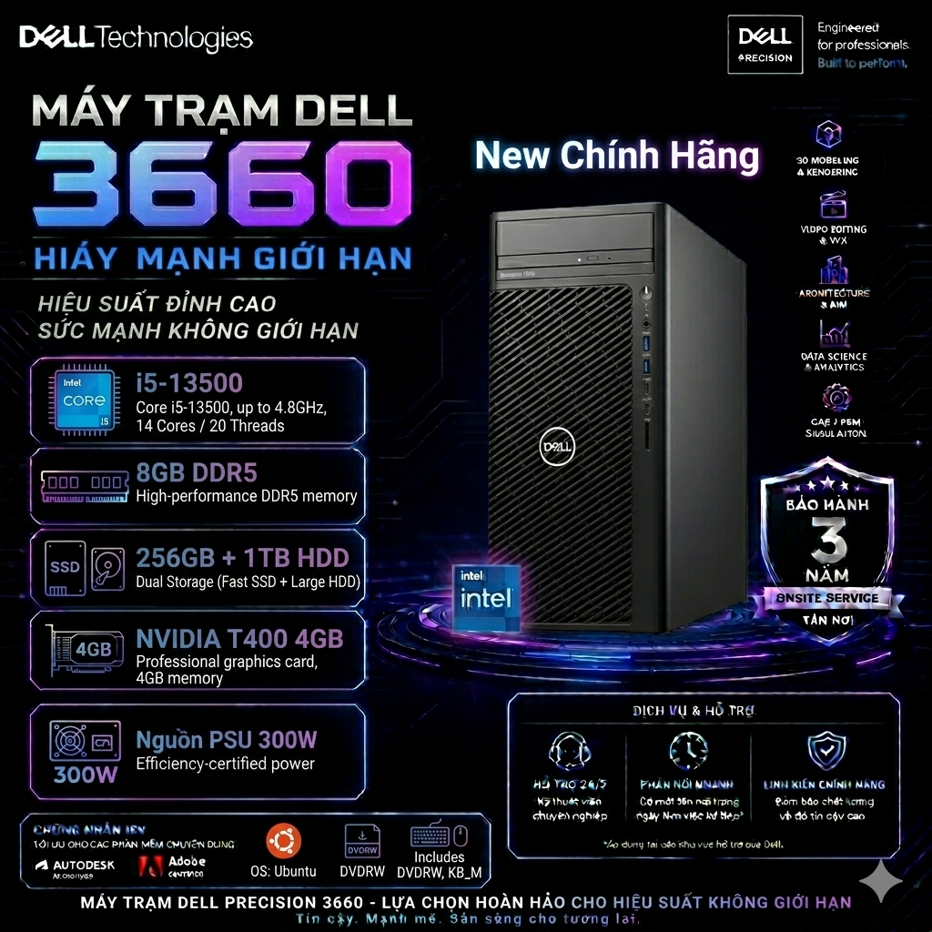 Máy Trạm Dell Precision 3660 Tower - New Chính Hãng ( i5-13500 | 8GB DDR5 | SSD 256GB_ 1TB HDD| NVIDIA T400 | DVDRW | KB_M | 300w | Ubuntu | 3Yr)